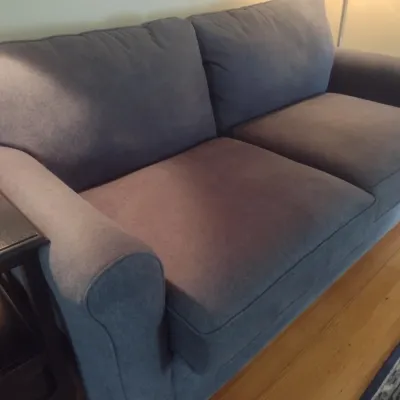 Sale Photo Thumbnail #777: Upholstered Charcoal Gray Double Cushion Loveseat Sleeper Sofa.  Upstairs item.  Must have assistance removing item.