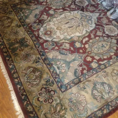 Sale Photo Thumbnail #651: Vintage Red and Gold Cabernet Area rug 9'x6' Upstairs item.  Bring assistance to remove.