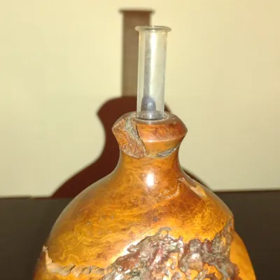 Sale Photo Thumbnail #218: Burl Wood Vase- Approx 4 1/2" Tall.  Item has glass insert for wet use.