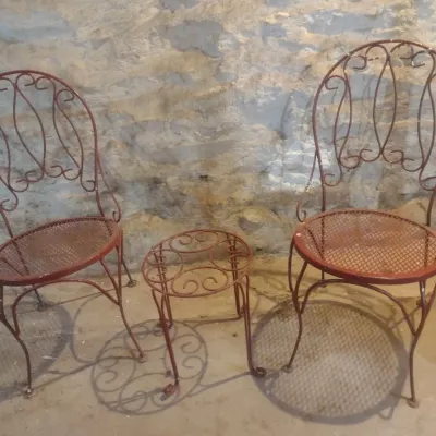 Sale Photo Thumbnail #40: Three Piece Wrought Metal Chair and Table Set.  Downstairs item.