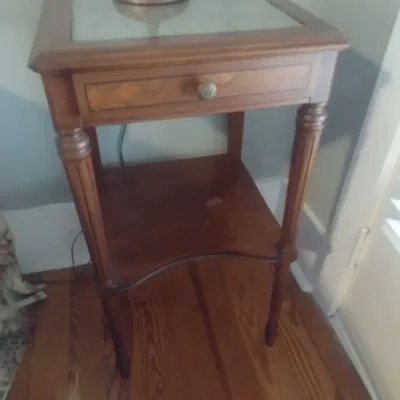 Sale Photo Thumbnail #835: Vintage Hitchcock Style Accent Table with Drawer and Lower Shelf.  Upstairs item.  Bring assistance to remove.