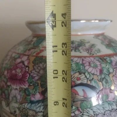 Sale Photo Thumbnail #76: Large Porcelain Ceramic Chinoiserie Famille Rose Centerpiece Vase with Applied Gilded Ring Handles Choice A