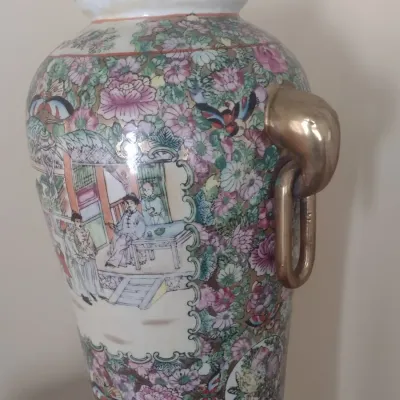 Sale Photo Thumbnail #69: Large Porcelain Ceramic Chinoiserie Famille Rose Centerpiece Vase with Applied Gilded Ring Handles Choice A