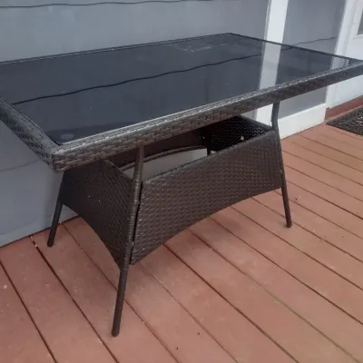 Sale Photo Thumbnail #421: Patio Joy Plastic Wicker Outdoor Table with Smoky Glass Insert