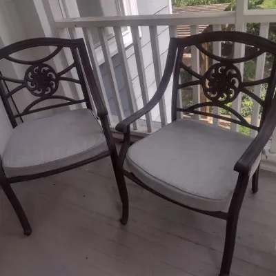 Sale Photo Thumbnail #388: Pair of Matching Metal Frame Patio Chairs with Cushions