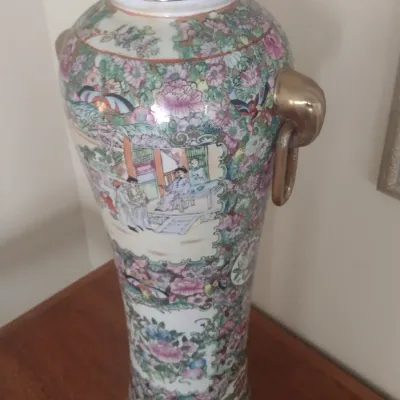Sale Photo Thumbnail #68: Large Porcelain Ceramic Chinoiserie Famille Rose Centerpiece Vase with Applied Gilded Ring Handles Choice A