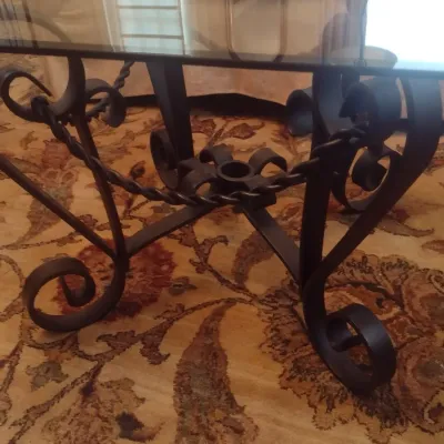 Sale Photo Thumbnail #683: Heavy Wrought Metal Scroll Base Glass Top Accent Table