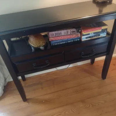 Sale Photo Thumbnail #782: Dark Wood Finish Console with Double Drawers and Lower Shelf (No Contents).  Upstairs item.  Bring assistance to remove from home.