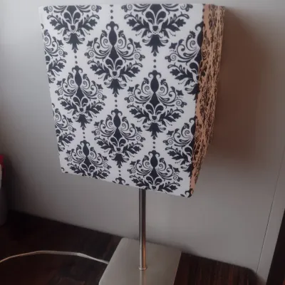 Sale Photo Thumbnail #462: Brushed Nickel Post Desk Lamp with Damask Print Fabric Shade