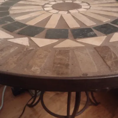 Sale Photo Thumbnail #64: Large Round Wrought Metal Base Mosaic Tile Top Accent Table