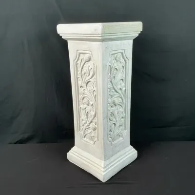 Sale Photo Thumbnail #95: Ornate Floral Relief Pedestal Plant Stand in Distressed White & Green