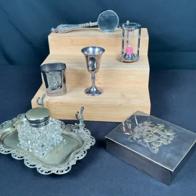 Sale Photo Thumbnail #61: Sterling Magnifying Glass, Towle Box & Silverplate Desk Accessories