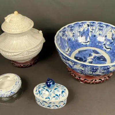 Sale Photo Thumbnail #52: Asian Blue & White Porcelain Décor Group – Koi Fish Bowl, Lidded Boxes & Ornate Urn with Wood Stands