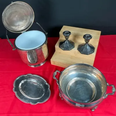 Sale Photo Thumbnail #81: Wallace Silverplate 5-Piece Serving Lot Ice Bucket Bowl Candlesticks & Tray