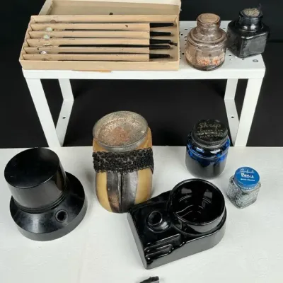 Sale Photo Thumbnail #115: Antique & Collectible Writing Desk Accessories Lot – Inkwells, Pen Set, Blotter & Ink Bottles