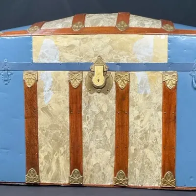 Sale Photo Thumbnail #94: Dome Top Steamer Trunk with Brass-Tone Hardware & Decorative Wood Slats