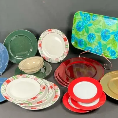 Sale Photo Thumbnail #37: Mixed Dinnerware Lot Red Gold Charger Plates Plaid Blue Green Plates Bowls Tray