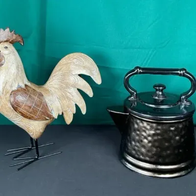 Sale Photo Thumbnail #34: McCoy Pottery Black Kettle Teapot Planter & Wood Rooster Farmhouse Decor
