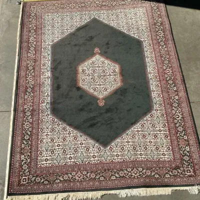 Sale Photo Thumbnail #14: Handcrafted Indian Wool Area Rug with Green Field and Floral Border