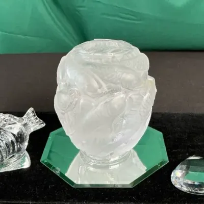 Sale Photo Thumbnail #30: Frosted Art Glass Fish Vase With Crystal Fish Figurine, Faceted Paperweight & Octagonal Mirror