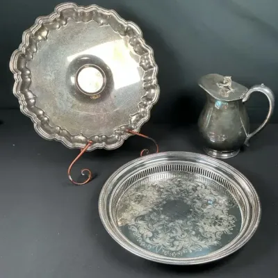 Sale Photo Thumbnail #77: Towle Silverplate 6679 Ornate Serving Tray, Scalloped Tray & Lidded Pitcher Lot