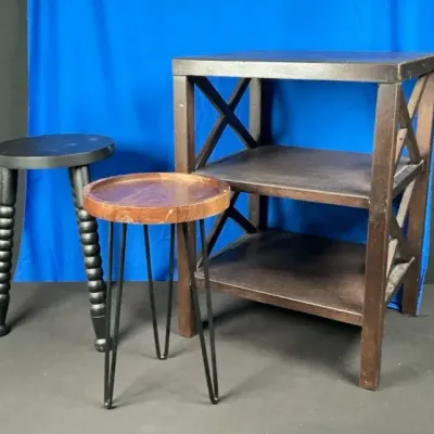 Sale Photo Thumbnail #98: 3-Piece Accent Furniture Lot – X-Side Shelf & Two Round Stools