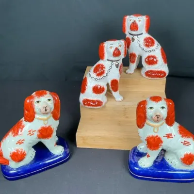 Sale Photo Thumbnail #82: Set of 4 English Staffordshire-Style Red & White Spaniel Dog Figurines