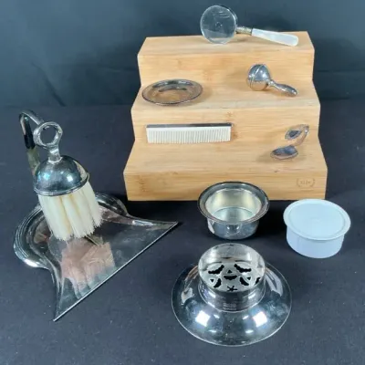 Sale Photo Thumbnail #62: Silver-Tone Vanity & Dresser Accessories Lot – Mirror, Comb, Brush, Italy Container & Serving Piece