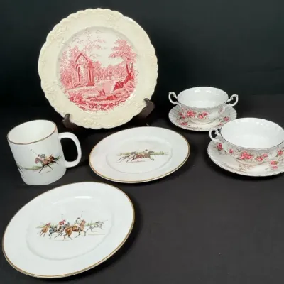 Sale Photo Thumbnail #60: Ralph Lauren Polo Scene Bone China Plates & Mug, Royal Albert Lavender Rose Cups & English Abbey Pla
