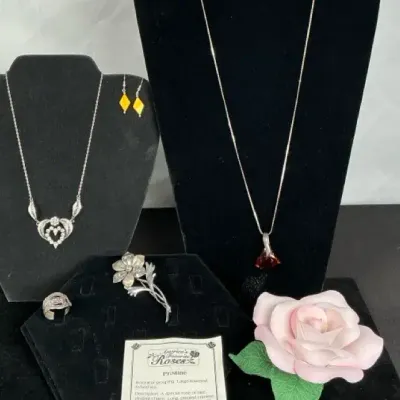 Sale Photo Thumbnail #128: Sterling Silver Jewelry Lot with Porcelain Rose, Amber-Tone Pendant, Brooch, Ring & Earrings