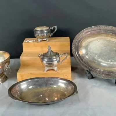 Sale Photo Thumbnail #42: Silverplate Serving Collection Made in England Footed Bowl Platter Sugar & Creamer