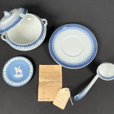 Sale Photo Thumbnail #59: Keeling & Co Losol Ware Claremont Blue & White Covered Tureen with Ladle & Underplate