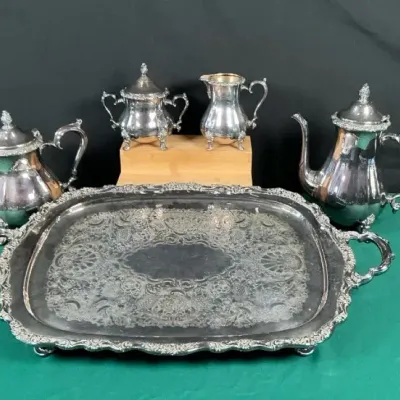 Sale Photo Thumbnail #5: International Countess Line Ornate Silverplate Coffee & Tea Service with Serving Tray – 6 Piece Set