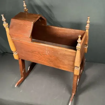 Sale Photo Thumbnail #100: Wooden Rocking Baby Cradle with Hood & Decorative Turned Posts
