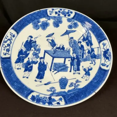 Sale Photo Thumbnail #54: Large Chinese Blue & White Porcelain Charger, Figural Scene, Bamboo Reverse, Approx. 16”