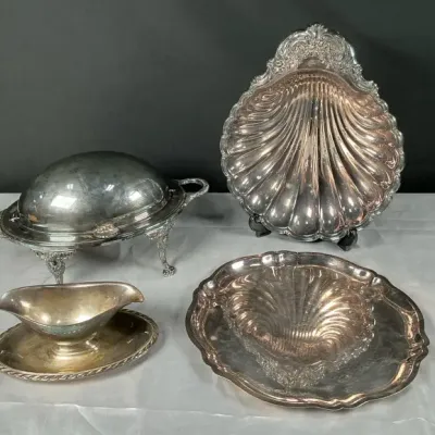 Sale Photo Thumbnail #43: Ornate Silverplate Serving Lot Shell Dish Chafing Dish Gravy Boat & Tray
