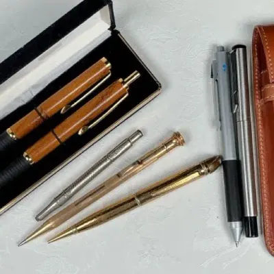 Sale Photo Thumbnail #118: Assorted Collectible Pen & Pencil Lot – Parker, Germany, O.S. Stewart & Co., Wood Writing Set & Leat