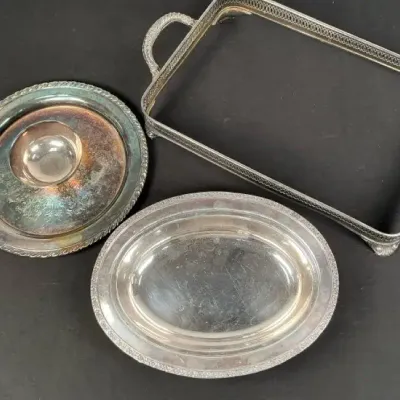 Sale Photo Thumbnail #126: Silverplate Serving Lot with Gallery Tray & Platters – 3 Pieces