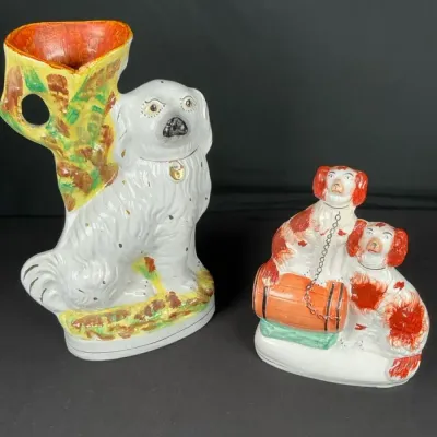 Sale Photo Thumbnail #83: Antique Staffordshire Spaniel Dog Spill Vase & Two Dogs with Barrel Figurine