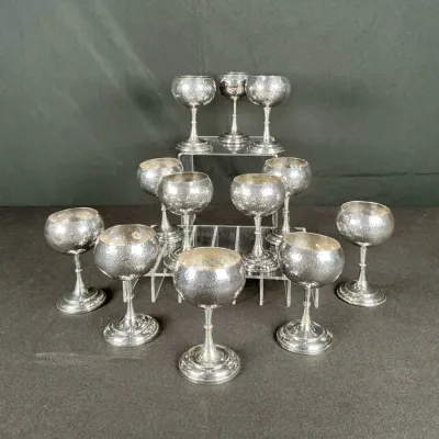 Sale Photo Thumbnail #22: Set of 12 Hammered 800 Silver Goblets