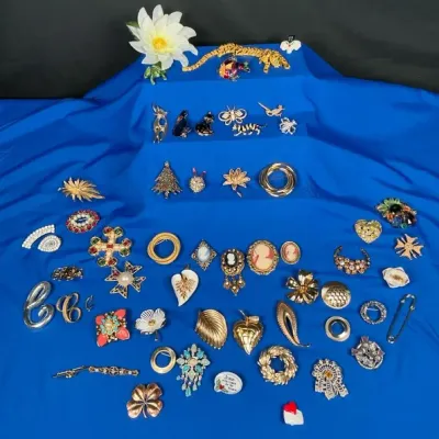 Sale Photo Thumbnail #97: Large Assorted Costume Jewelry Brooch & Pin Collection – Cameos, Rhinestones, Animals & Florals