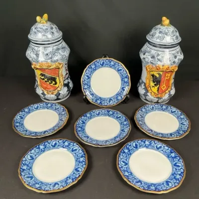 Sale Photo Thumbnail #55: 8-Pc Ceramiche ESC Bassano Italy Heraldic Jars & Rosenthal Blue Floral Plates