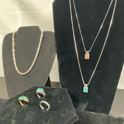 Sale Photo Thumbnail #123: Sterling Silver, 925 & P14K Jewelry Lot – Turquoise Coral Necklaces Rings