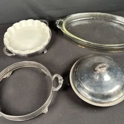 Sale Photo Thumbnail #67: Ornate Silverplate Serving Ware Lot with Glass & Ceramic Inserts