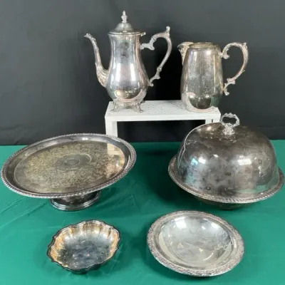 Sale Photo Thumbnail #3: Silverplate Serveware Collection with Coffee Pot, Creamer, Cake Stand & Covered Server