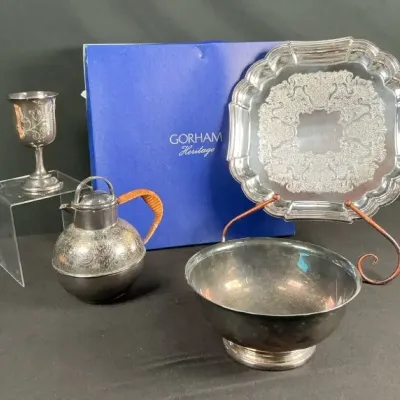 Sale Photo Thumbnail #78: Gorham & Newport Silverplate Serving Lot – Tray, Pitcher, Bowl & Goblet
