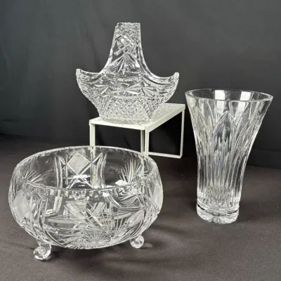Sale Photo Thumbnail #64: 3-Piece Cut Crystal Collection – Galway Basket, Footed Bowl & Tall Vase
