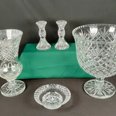Sale Photo Thumbnail #63: Royal Irish Crystal Cut Glass Collection – Large Pedestal Bowl, Vase, Candlestick Pair & Dish