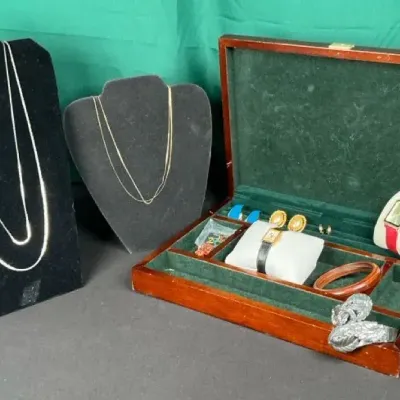 Sale Photo Thumbnail #25: Jewelry Box Lot w/ (2) 14K Gold Filled Necklaces, Anne Klein & Mickey Mouse Watches, Earrings & More