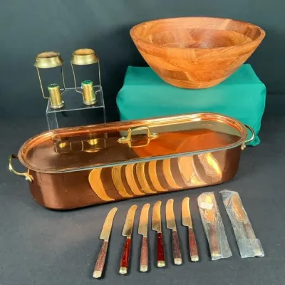 Sale Photo Thumbnail #56: Crofton Wood Salad Bowl Copper Fish Poacher & Brass Butter Knife Kitchen Lot